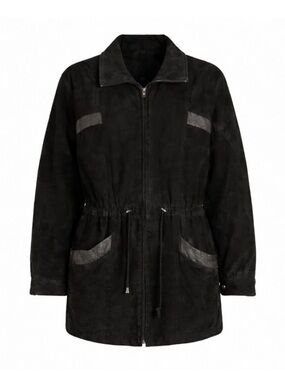Size M Danier Women’s Vintage Black Leather Jacket Oversized Zip Tie‎ Waist Coat